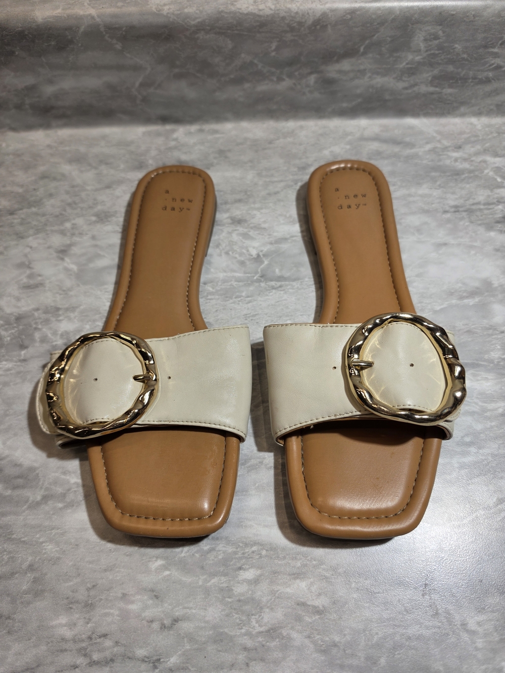 A New Day Bennie Buckle Slide Cream Slide Sandals with Gold Buckle - S50